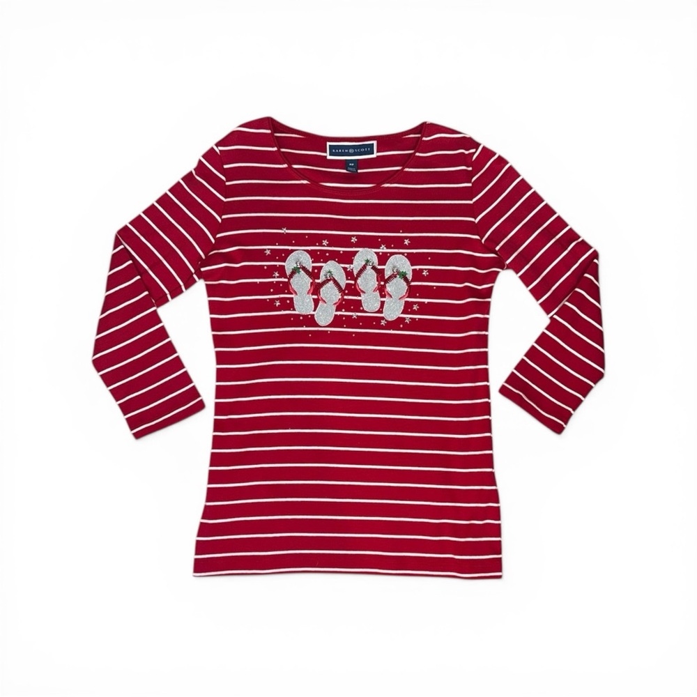 Karen Scott Christmas Red White Embellished Holiday Shirt, Petite XS (0P) NWT - Picture 3 of 9